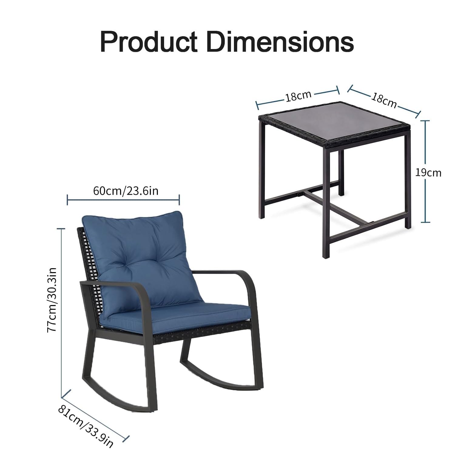 HLNPTN 3 Pieces Patio Rocking Chairs Outdoor Bistro Set, Wicker Outdoor Rocker Chair of 2, Porch Sofa Seat Patio Furniture Conversation Sets with Tempered Glass Top Coffee Table & Cushions, Dark Blue