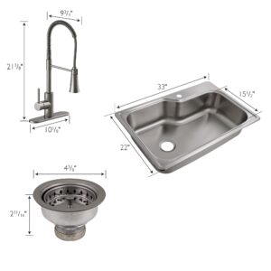 Design House Kitchen Sink and Faucet Set - Single Bowl Stainless Steel Sink, Drain Strainer, and Satin Nickel Pull Down Faucet with Dual Function Spray