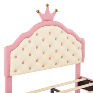 SOFTSEA Twin Upholstered Bed with Crown Headboard, Girls Princess Bed with Button Tufted Headboard, PU Leather Princess Platform Bed for Kids Girls, Easy Assembly, Pink + Whitea