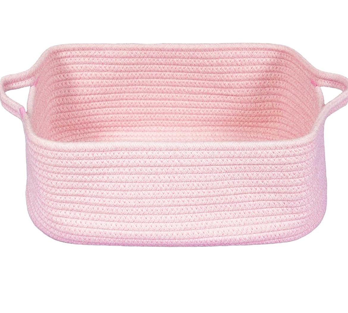 GiftExpress Pink Woven Basket - 15" x 10" x 5" Cotton Rope Organizing Baskets for Baby Items or Cat & Dog Toys - Cute Soft Gift Storage Bin w/ Handles