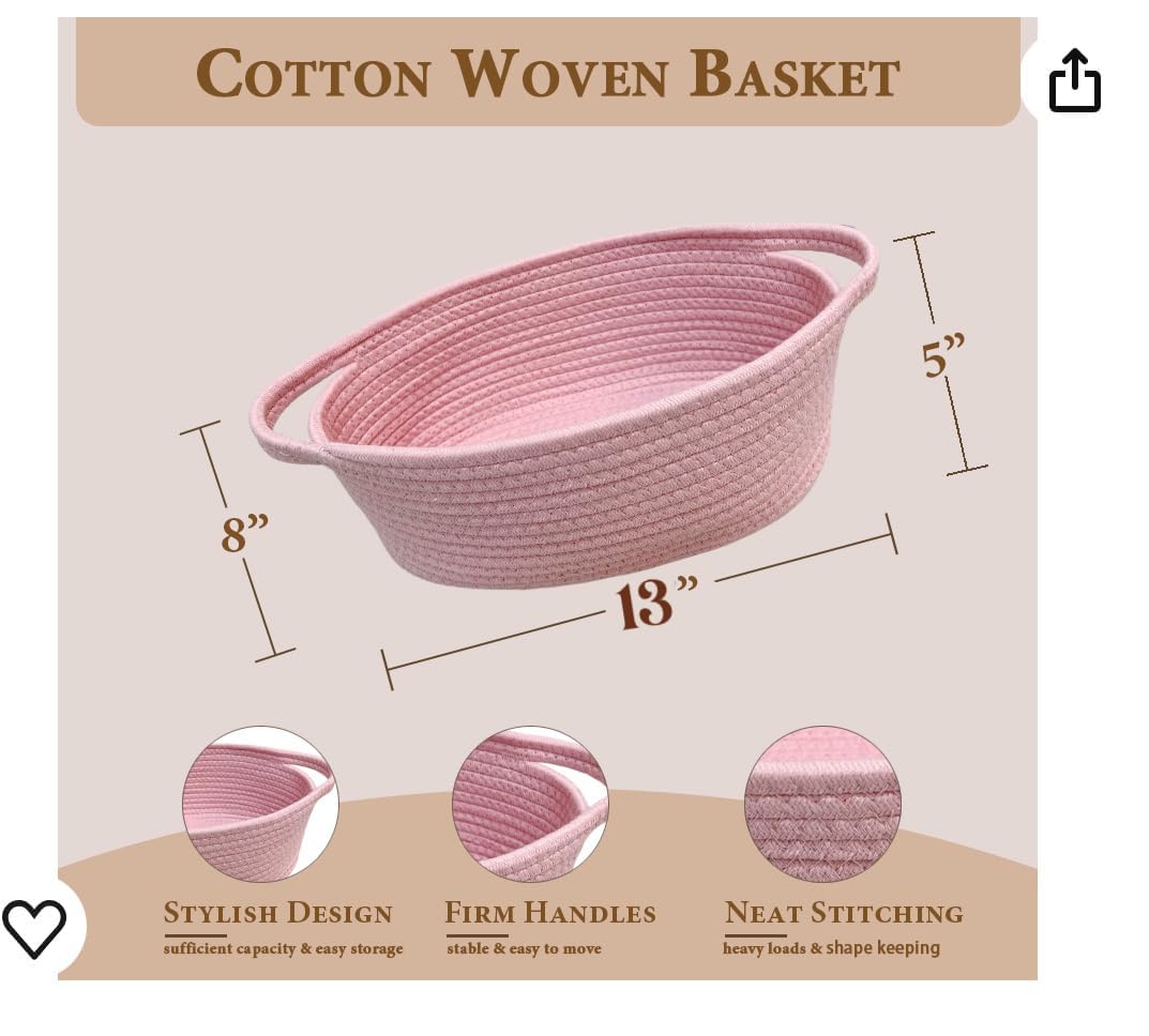 GiftExpress 2 Pack Pink Woven Basket - 13" x 8" x 5" Cotton Rope Organizing Baskets for Baby Items or Cat & Dog Toys - Cute Soft Gift Storage Bin w/ Handles