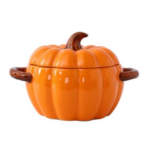 dutch oven pot with lid, 1.7 quarts cute ceramic pumpkin bowl mini baking dish, dessert saucepan with double handle, covered stockpot pottery casserole, halloween thanksgiving decor (orange)