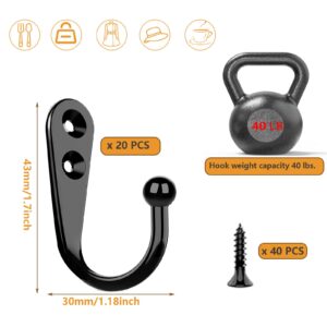 WODEGIFT 20 Pcs Wall Mounted Coat Hooks,Thickened Metal Hooks, Hanger Hook with 40 Pieces Screws for Hanging Hat, Towel, Robe, Coats, Scarf, Bag, Cap, Coffee Cup, Mugs (Black)