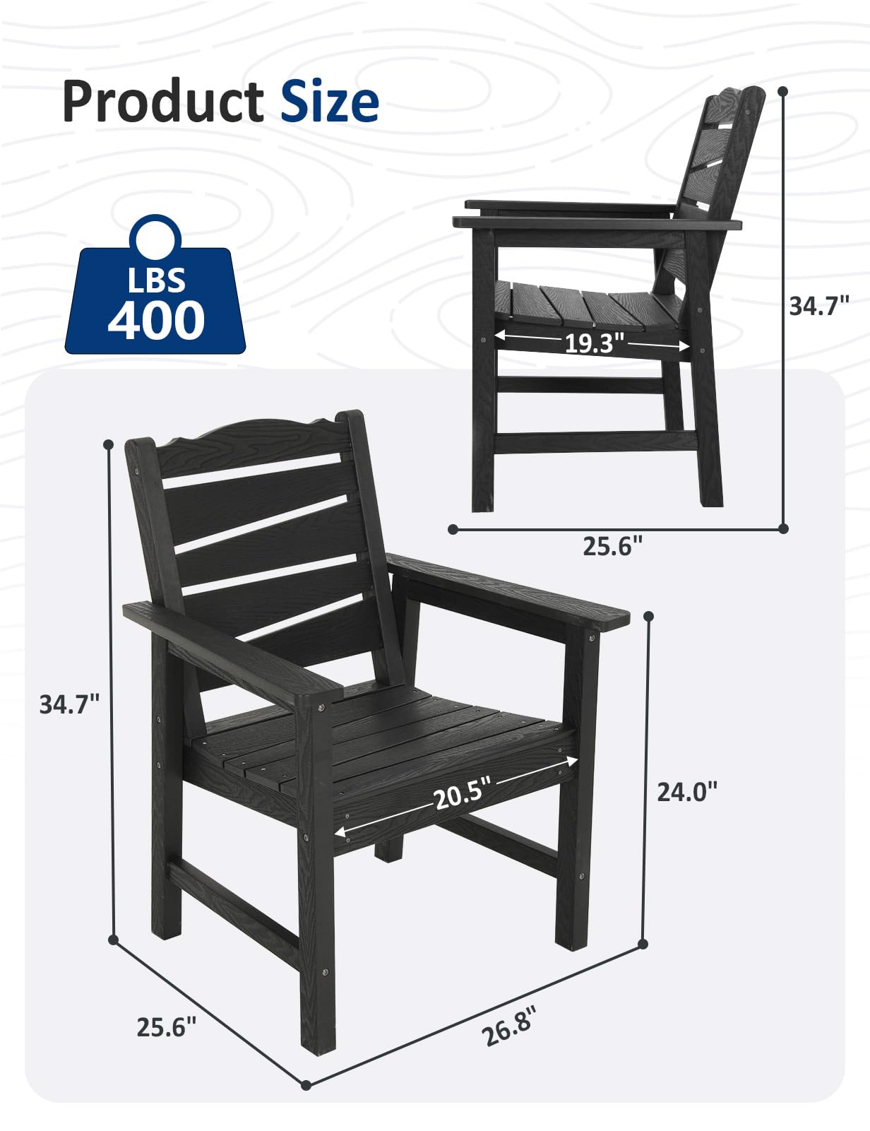 Weatherproof Patio Chair, Poly Lumber Outdoor Patio Chairs with Ergonomic Curved Seat, 400lbs Capacity Outdoor Dining Chairs for Garden, Porch, Lawn & Backyard, Black