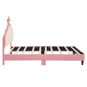 SOFTSEA Twin Upholstered Bed with Crown Headboard, Girls Princess Bed with Button Tufted Headboard, PU Leather Princess Platform Bed for Kids Girls, Easy Assembly, Pink + Whitea