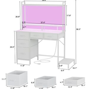 Korfile Computer Desk with Hutch, White Gaming Desk with Power Outlets & LED Light & 5 Fabric Drawers, Home Office Desk with 2 Tiers Storage Shelves for Display, 39" Small Table for Bedroom