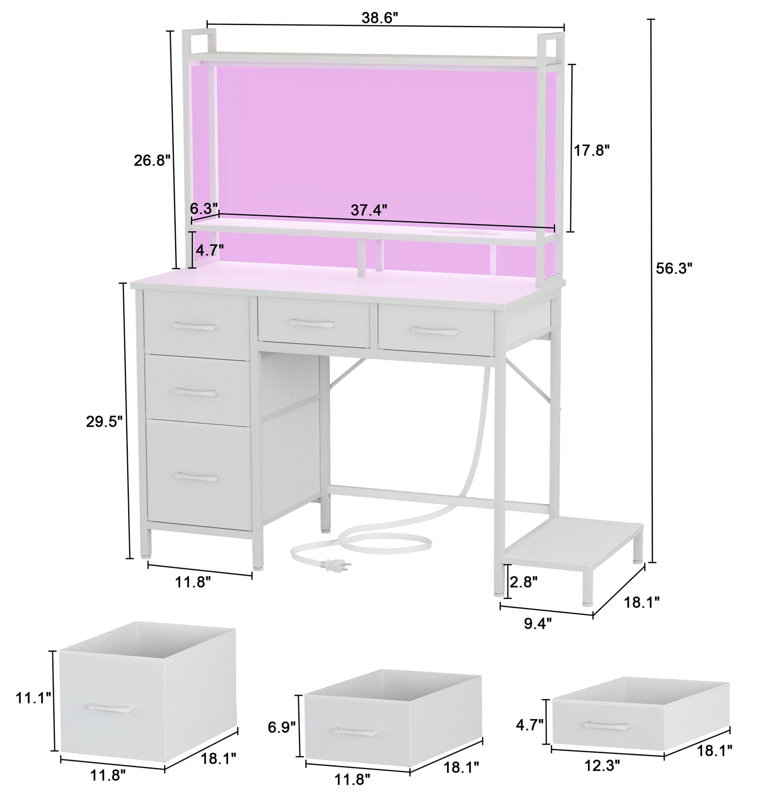 Korfile Computer Desk with Hutch, White Gaming Desk with Power Outlets & LED Light & 5 Fabric Drawers, Home Office Desk with 2 Tiers Storage Shelves for Display, 39" Small Table for Bedroom