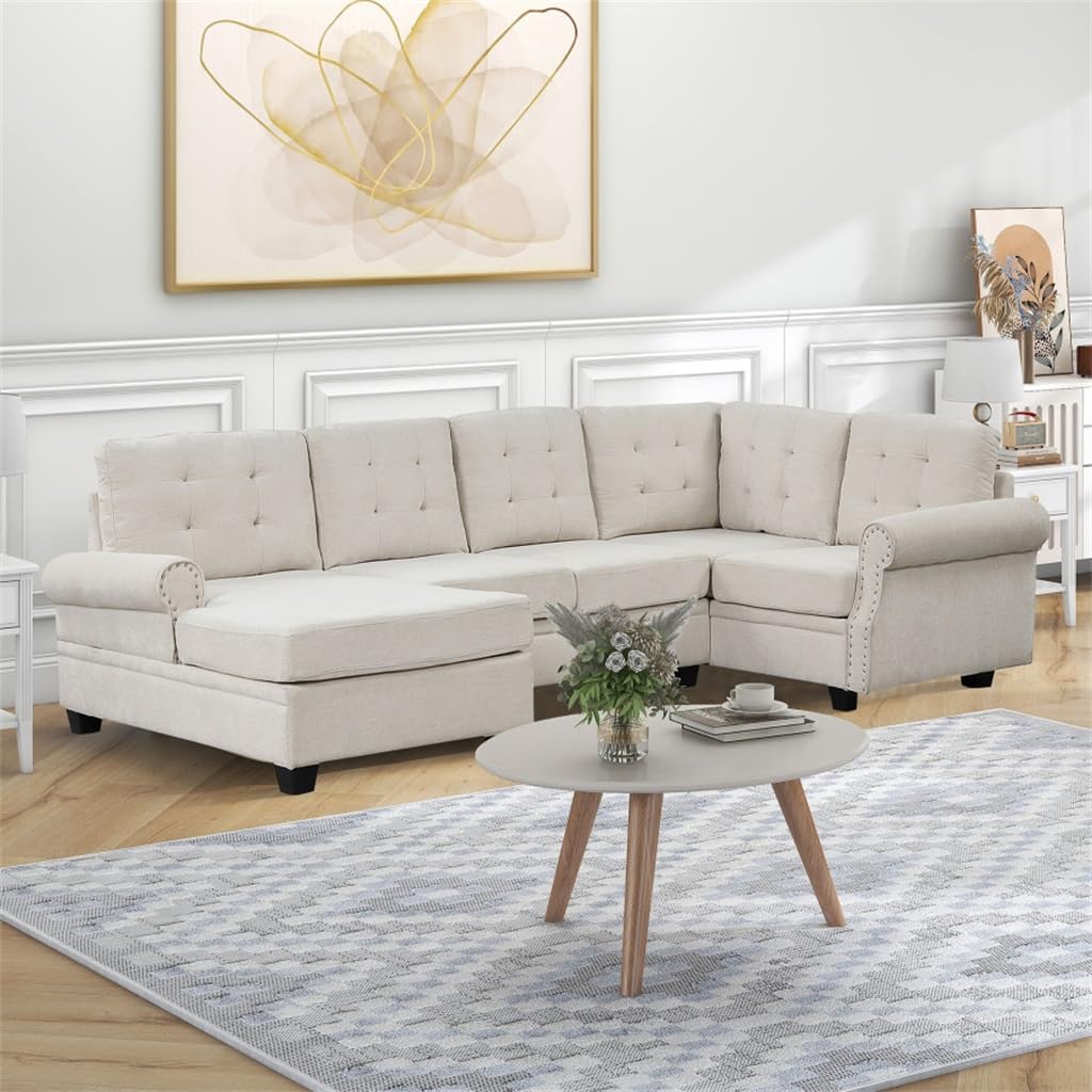 FANCUF 120" U-Shaped Corner Sectional Sofa Upholstered Linen Fabric Sofa Couch