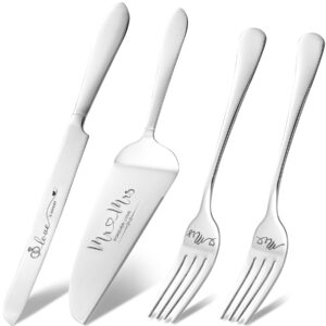 wedding cake knife and server set, mr mrs forks and cake cutting set for wedding for couples 2024 (silver)