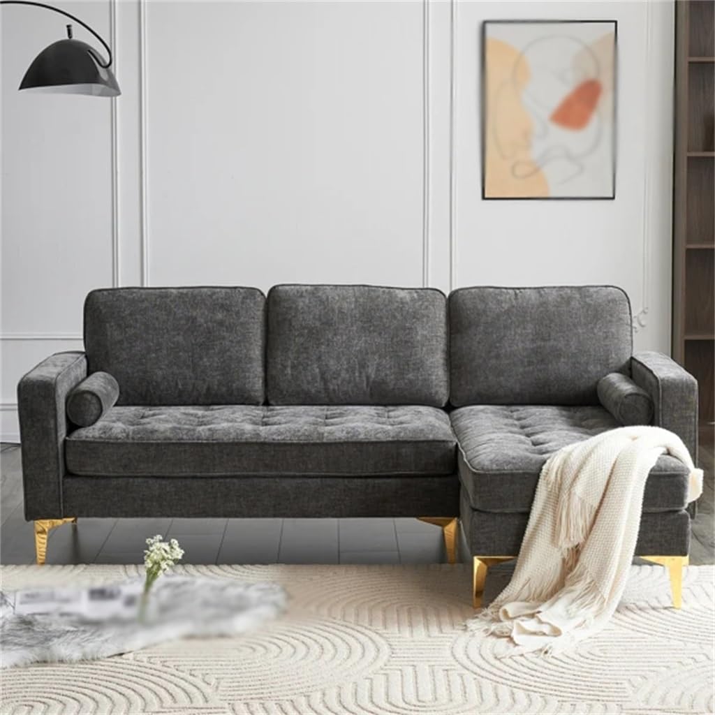 FANCUF Modular 3-Seater Sofa with Footstool Chenille Rhombus Electroplated Golden Tripod Legs, Drak Gray, for Living Room