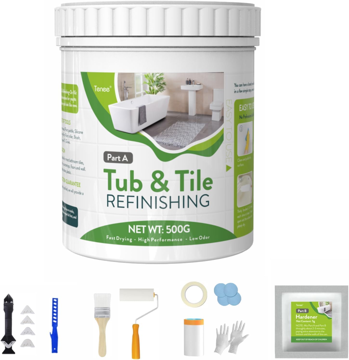 Tub and Tile Refinishing Kit, DIY Sink Bathtub Reglaze Kit White, Tile Paint Kit Bathroom Easy to Use, Low Odor Bathtub Refinishing Paint for Bathroom Porcelain Kitchen Fiberglass