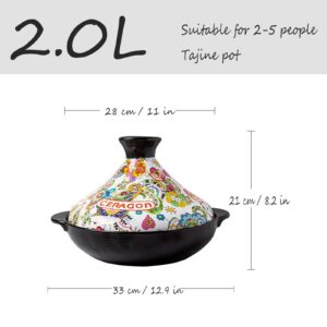 Handmade Clay Stoneware Tajine Flower Pattern Moroccan Tagine Pot Enameled Cast Iron Casserole Non Stick Saucepan Exotic Stew Pot with Lid for Cooking and Stew Casserole Slow Cooker