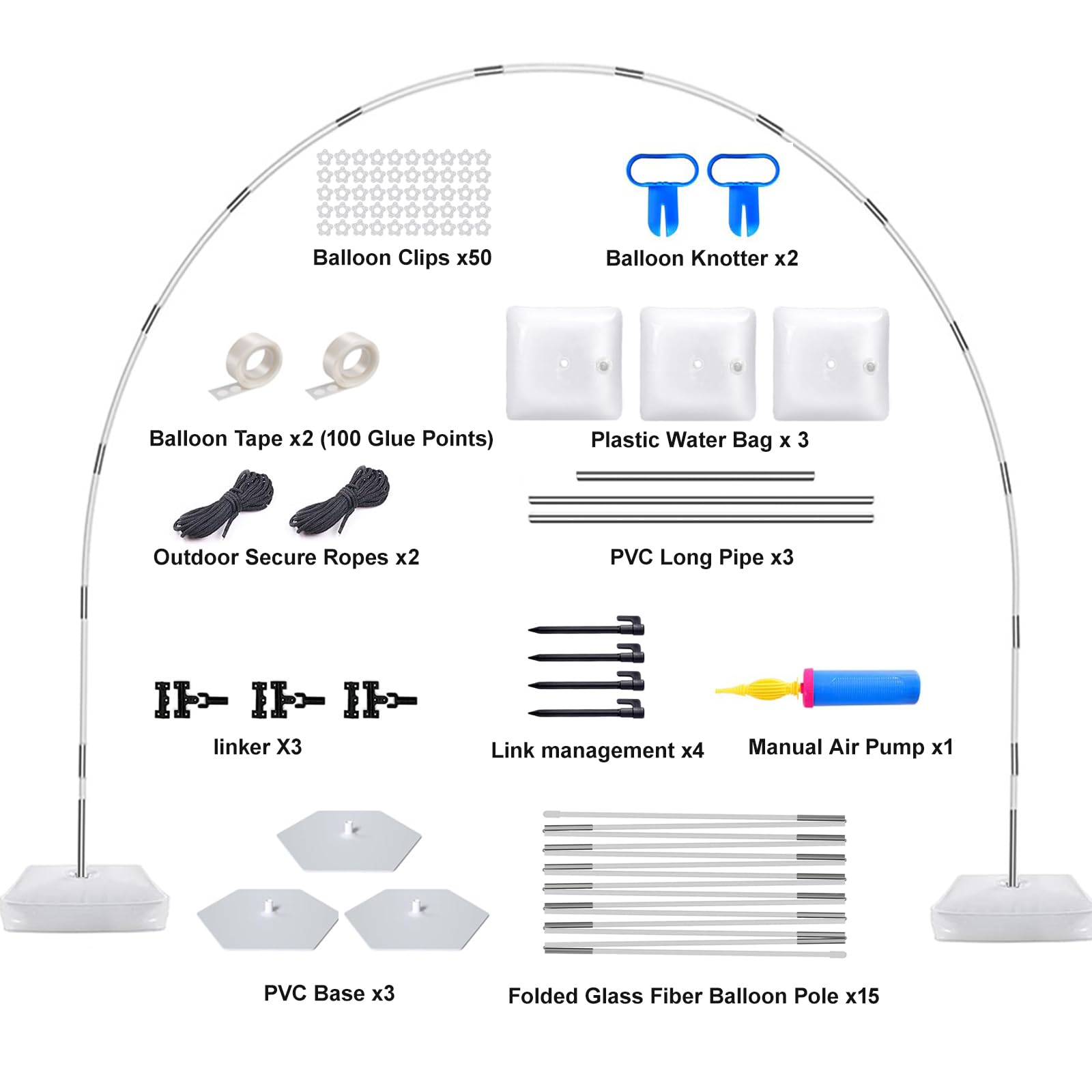 Balloon Arch Kit, 10ft Wide & 9ft Tall Adjustable Balloon Arch Stand with Thicken Water Fillable Base, 50pcs Balloon Clip, Balloon Pump, Ground Nails for Wedding, Graduation, Birthday Party