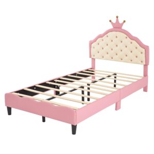 SOFTSEA Twin Upholstered Bed with Crown Headboard, Girls Princess Bed with Button Tufted Headboard, PU Leather Princess Platform Bed for Kids Girls, Easy Assembly, Pink + Whitea