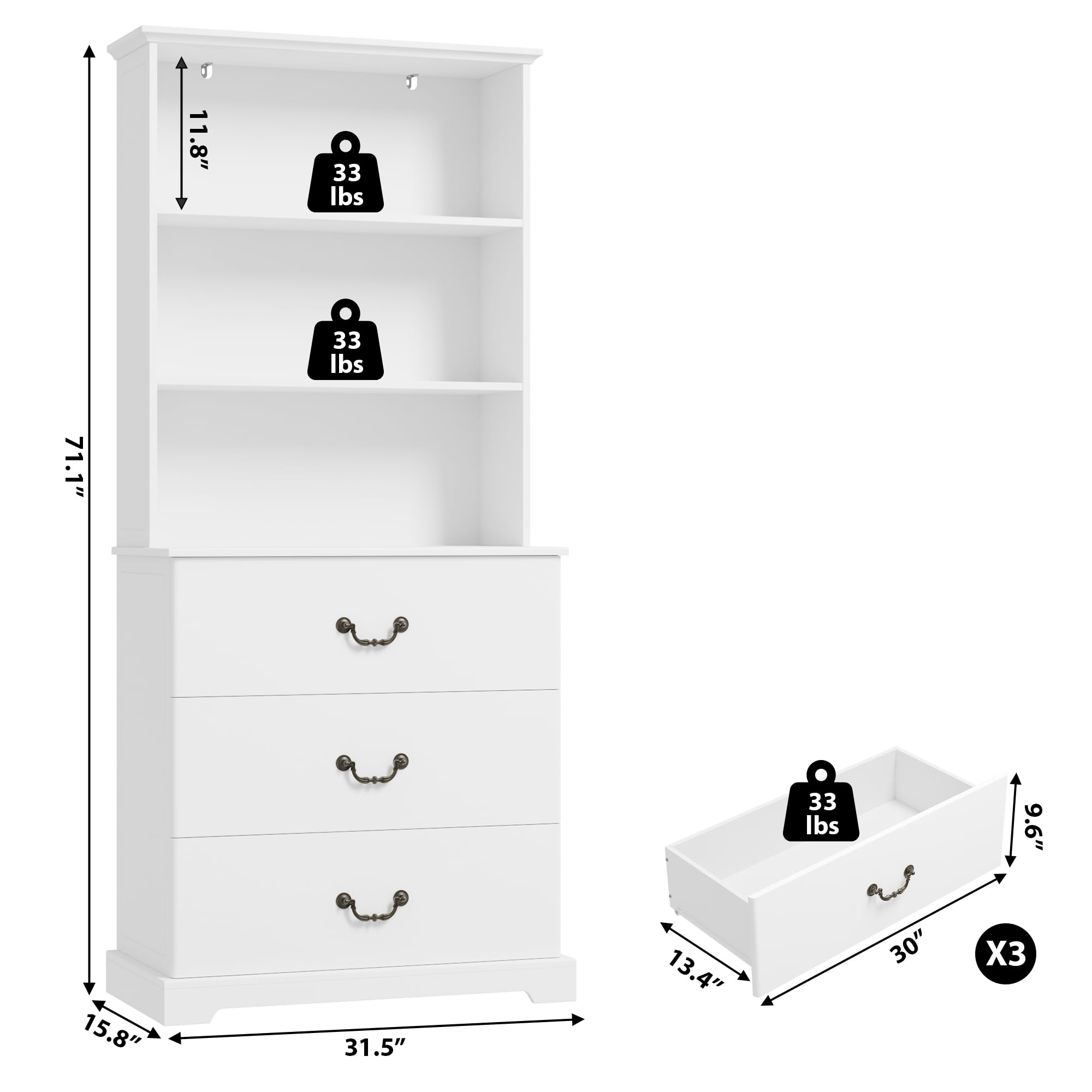 HIFIT 71" Tall Storage Cabinet, Tall Bookshelves and Bookcases with 3 Large Drawers & 3 Deep Shelves, Kitchen Pantry Cabinet with Hutch, Modern Storage Cabinet for Home Office, Living Room, White