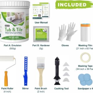 Tub and Tile Refinishing Kit, DIY Sink Bathtub Reglaze Kit White, Tile Paint Kit Bathroom Easy to Use, Low Odor Bathtub Refinishing Paint for Bathroom Porcelain Kitchen Fiberglass