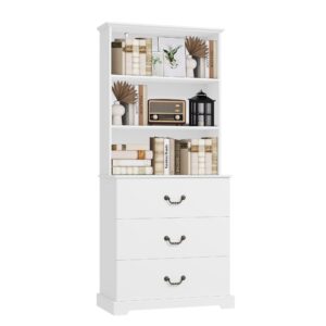 hifit 71" tall storage cabinet, tall bookshelves and bookcases with 3 large drawers & 3 deep shelves, kitchen pantry cabinet with hutch, modern storage cabinet for home office, living room, white