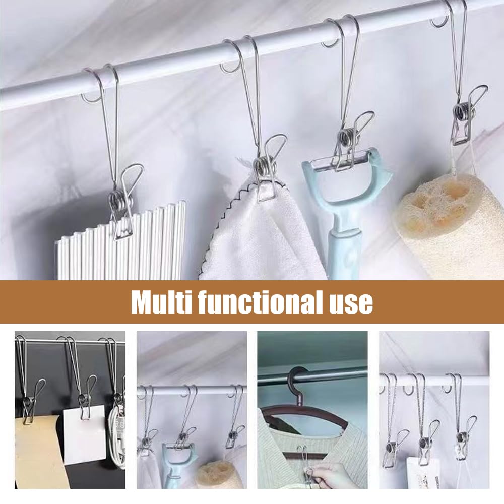 Stainless Steel Metal Long Tail Clip with Hooks, 2024 New Stainless Steel Clothespins with Hooks, Hanging Clips for Offices, Upgrade Extra Large Clothes Pins Metal Clips for Bathrooms (20)