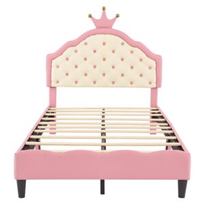 SOFTSEA Twin Upholstered Bed with Crown Headboard, Girls Princess Bed with Button Tufted Headboard, PU Leather Princess Platform Bed for Kids Girls, Easy Assembly, Pink + Whitea