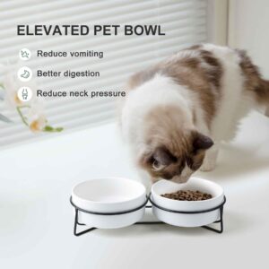 CuteNest Elevated Dog Bowl Iron Frame 6-inch Ceramic Dog or Cat Food and Water Bowls Dual Feeder for Adult Cat or Medium Dog, Non-Slip Base (Double Bowl with Stand - White, 6“)