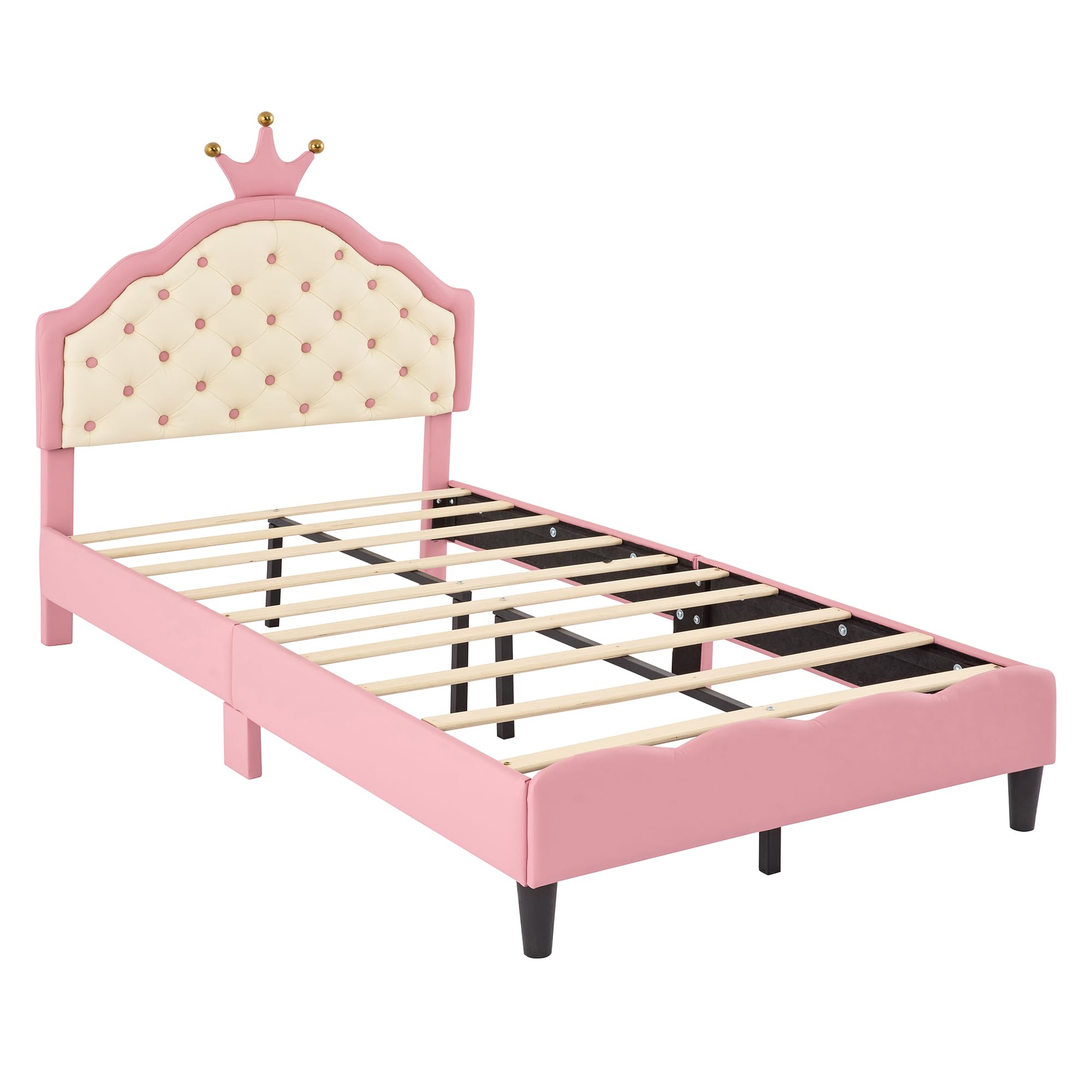 SOFTSEA Twin Upholstered Bed with Crown Headboard, Girls Princess Bed with Button Tufted Headboard, PU Leather Princess Platform Bed for Kids Girls, Easy Assembly, Pink + Whitea