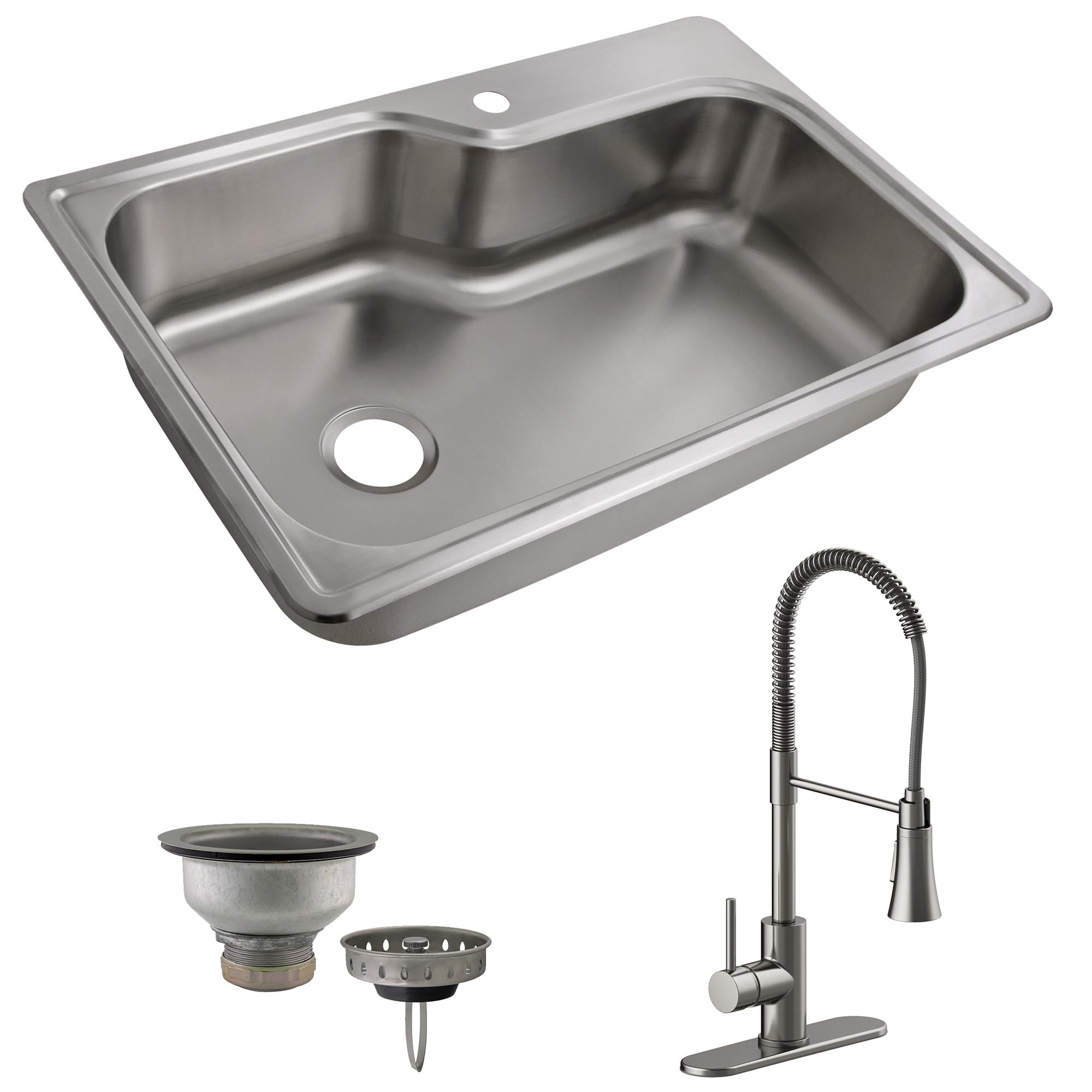 Design House Kitchen Sink and Faucet Set - Single Bowl Stainless Steel Sink, Drain Strainer, and Satin Nickel Pull Down Faucet with Dual Function Spray