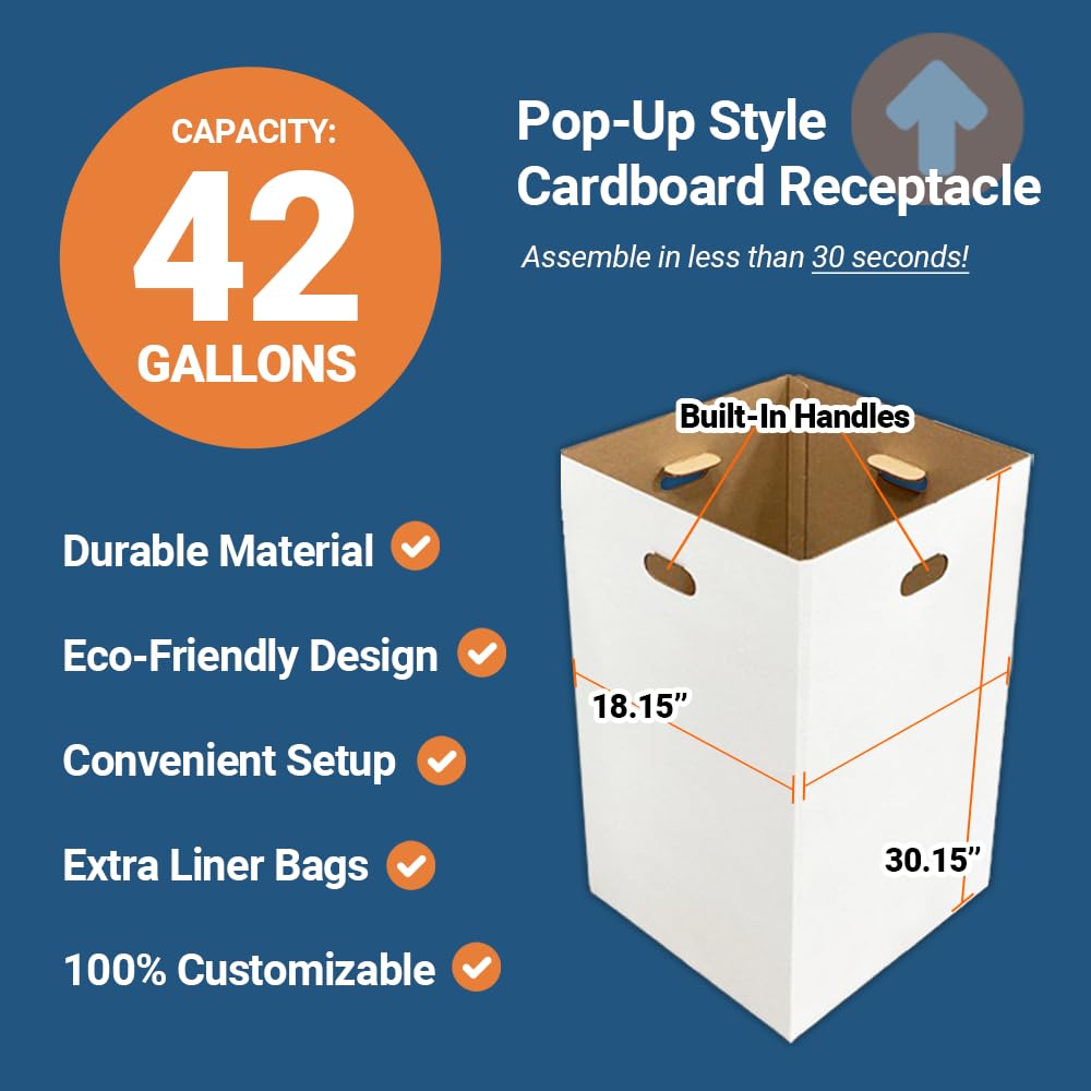 42-Gallon Corrugated Cardboard Trash, Waste, and Recycling Bins (10 Pack, White) – Popup Style Containers for Events, Parties, Weddings & Large Gatherings – Disposable and Reusable Cans for Multi-Use