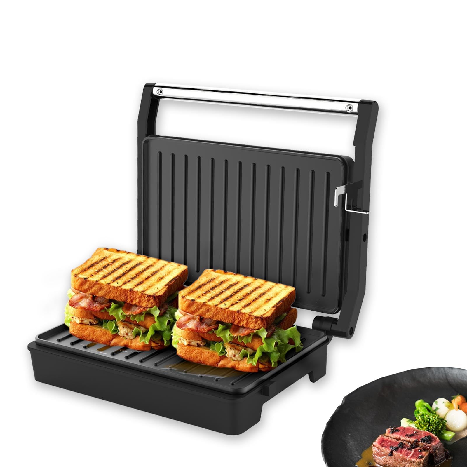 MUBENLIFE,Panini Press,Sandwich Press,Pnini Grill,Electric Indoor Grill,Perfect for Grilling Sandwich,Steak,Burger,Panini,Sausage,Non-Stick, Auto Temperature, 2 Slice, Mini Size