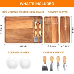 9 PCS Acacia Wood Cheese Board and Knife Set Large Charcuterie Platter Meat Cheese and Cracker Tray Vegetarian Fruit Snack Board Food Serving Tray Grazing Board Magnetic Charcuterie Board Gift Set