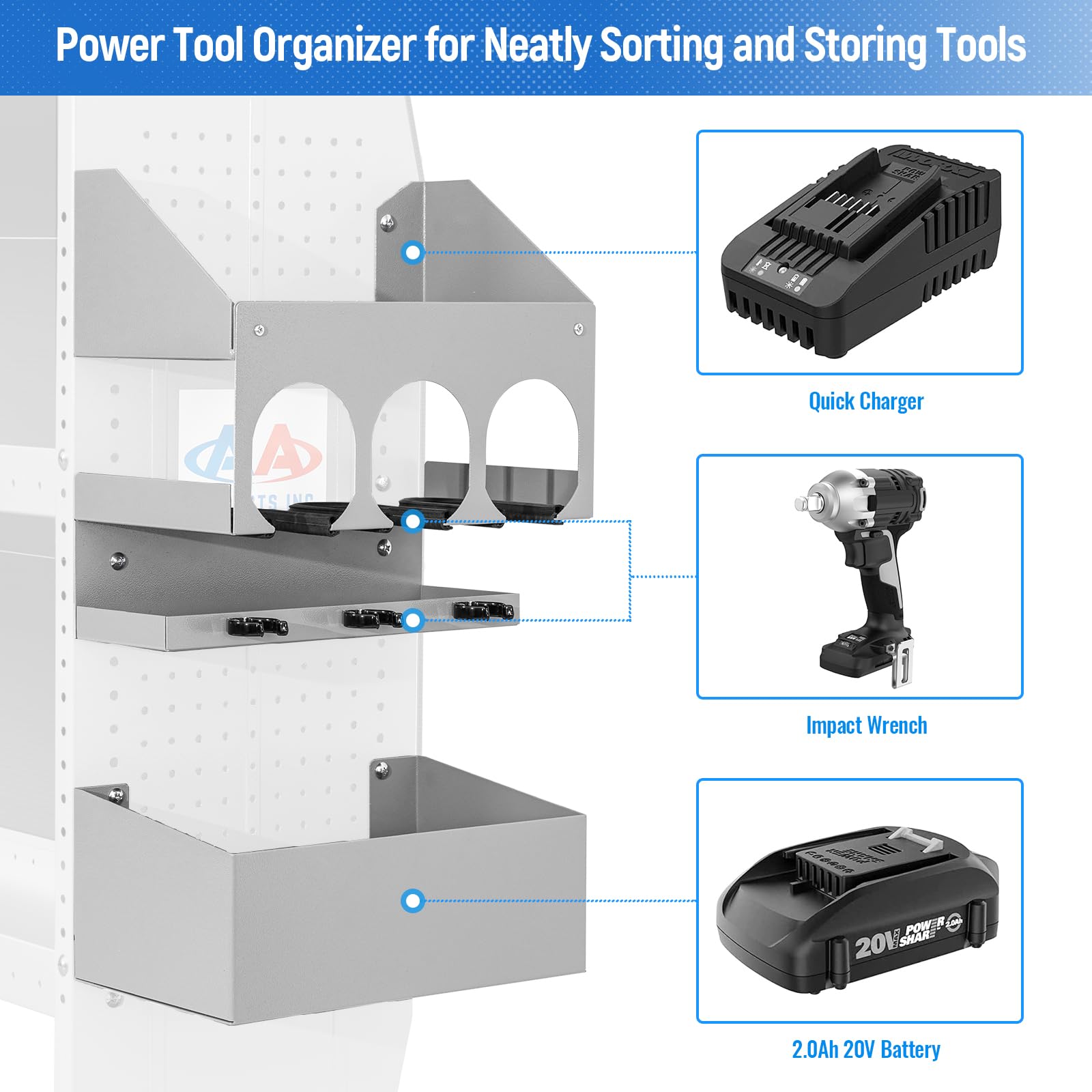 AA Products P-SH-Power Tool Organizer Wall Mount Designed for 13''D Van Shelving Storage, Three Layer 13" W Steel Power Tool Charging Station Organizer