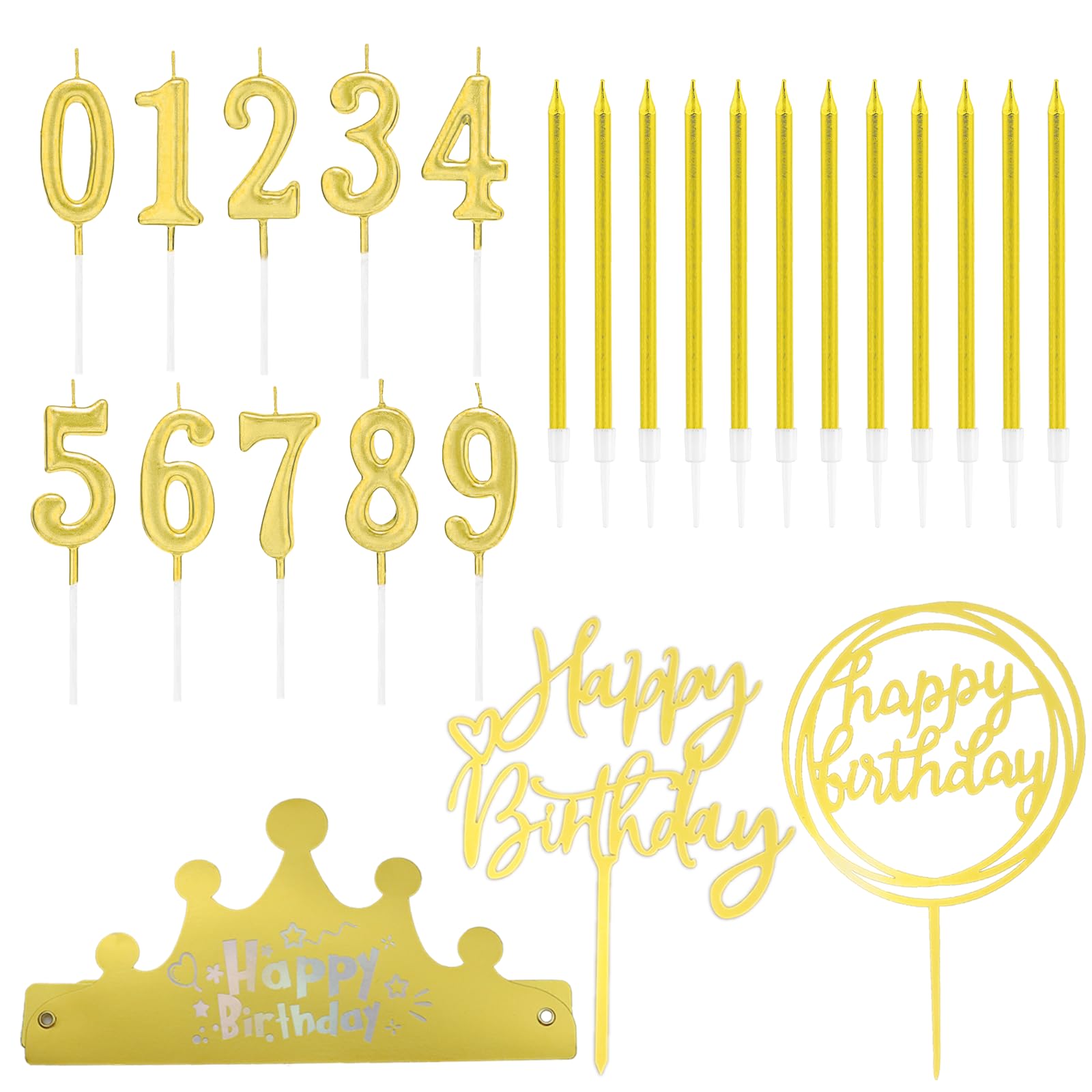 Chanseen 25Pcs Gold Birthday Candles Topper Crown Set - Number Candles 0 1 2 3 4 5 6 7 8 9, 12Pcs Long Thin Metallic Candles, 2Pcs Cake Toppers and Birthday Paper Crown Hat for Cake Decorations Party