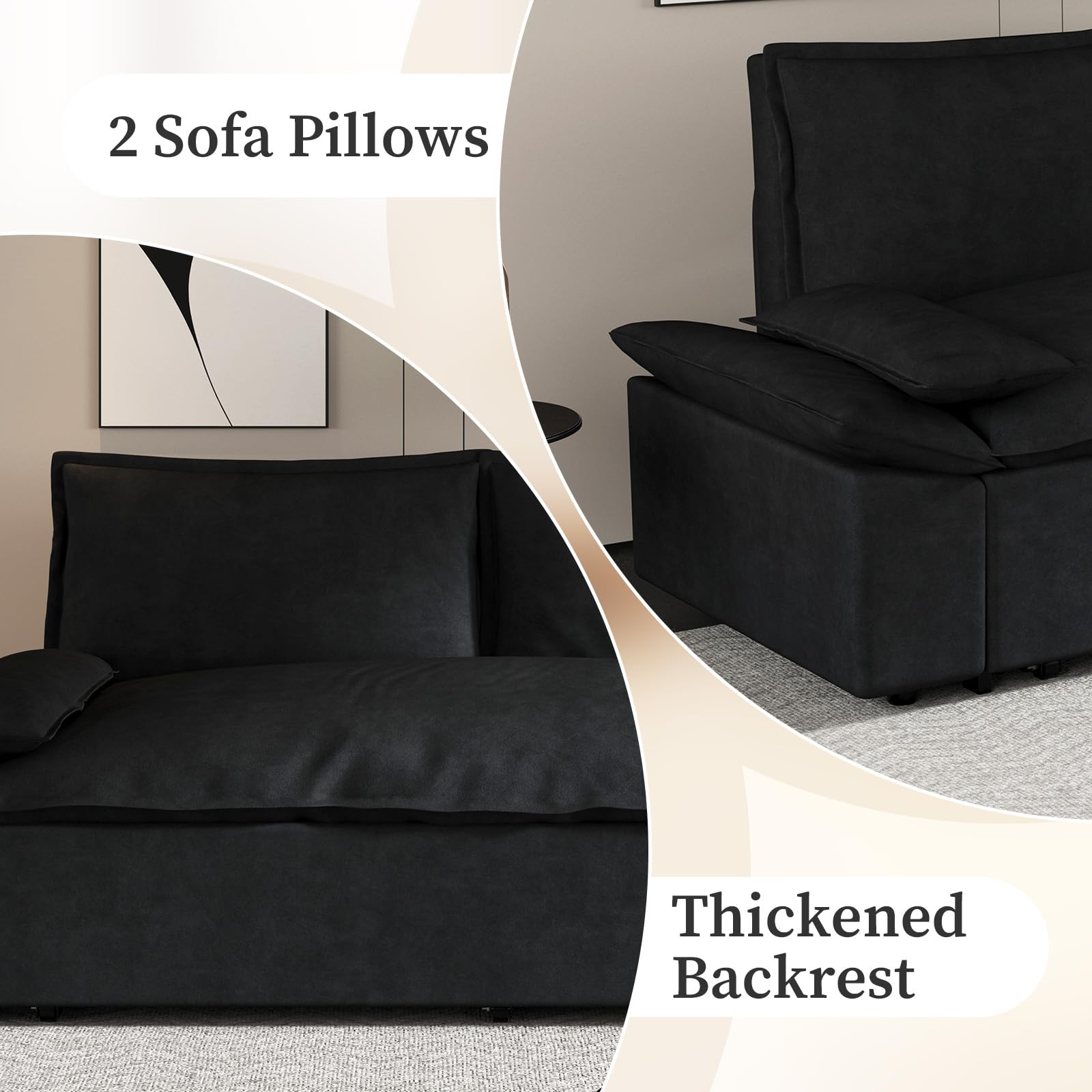 Rovibek Convertible Sofa Bed Pull Out 3 in 1 Sleeper Sofa Couch Bed Queen Size Loveseat Sleeper Chaise Lounge Futon Velvet 2 Seat for Living Room Apartment Small Space, Black