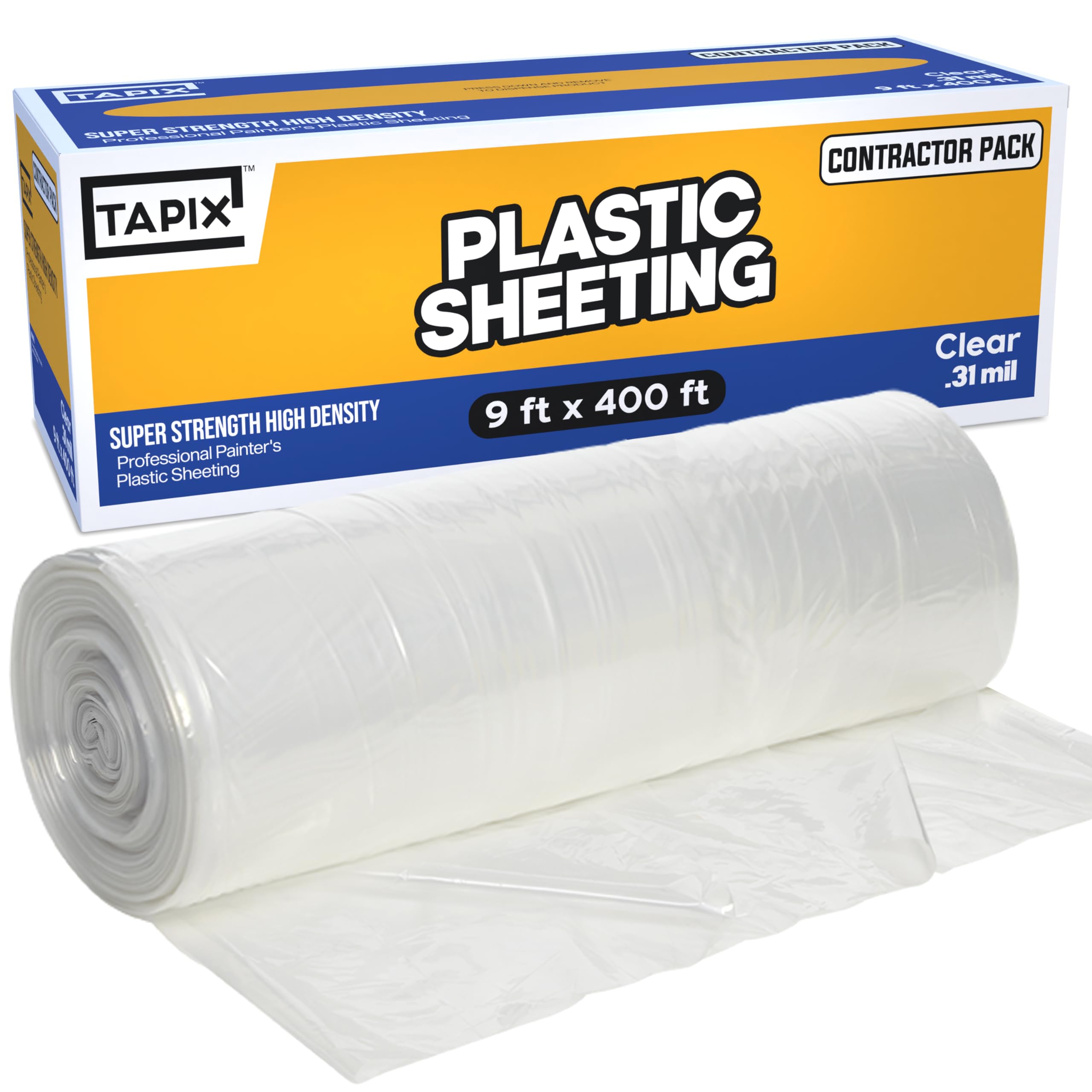 Plastic Sheeting (9' x 400') Long - High Density Painters Plastic Sheeting Roll in Box with Dispense Hole for Easy Paint Plastic Covering