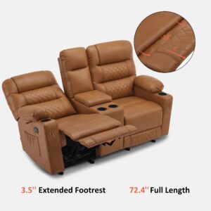 MCombo Electric Power Loveseat Recliner with Console, Faux Leather Power Reclining Sofa with Heat and Vibration, USB Ports, Cup Holders for Living Room PR624 (Saddle)