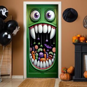 halloween door cover, cute halloween front door banner covering decorations, fabric halloween door hanging banner backdrop decor indoor outdoor halloween party supplies decorations 72.8x35.4 inch