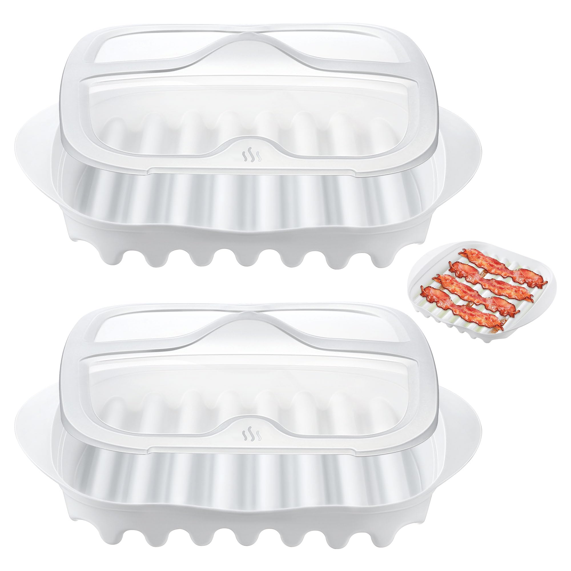 Feekoon 2 Pcs Microwave Bacon Cooker with Cover, Microwave Bacon Tray with Lid, No More Splattering, Keeps Microwave Clean, Microwave Bacon Maker, Drain Tray Design Less Fat, Dishwasher Safe(White)