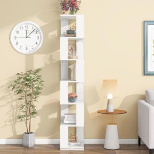 FRITHJILL 360° Rotating Bookshelf, 6-Tier Modern Display Shelf with Acrylic Plates, White Corner Storage Rack for Home Office - Space-Saving Organizer for Books, Plants, Decor