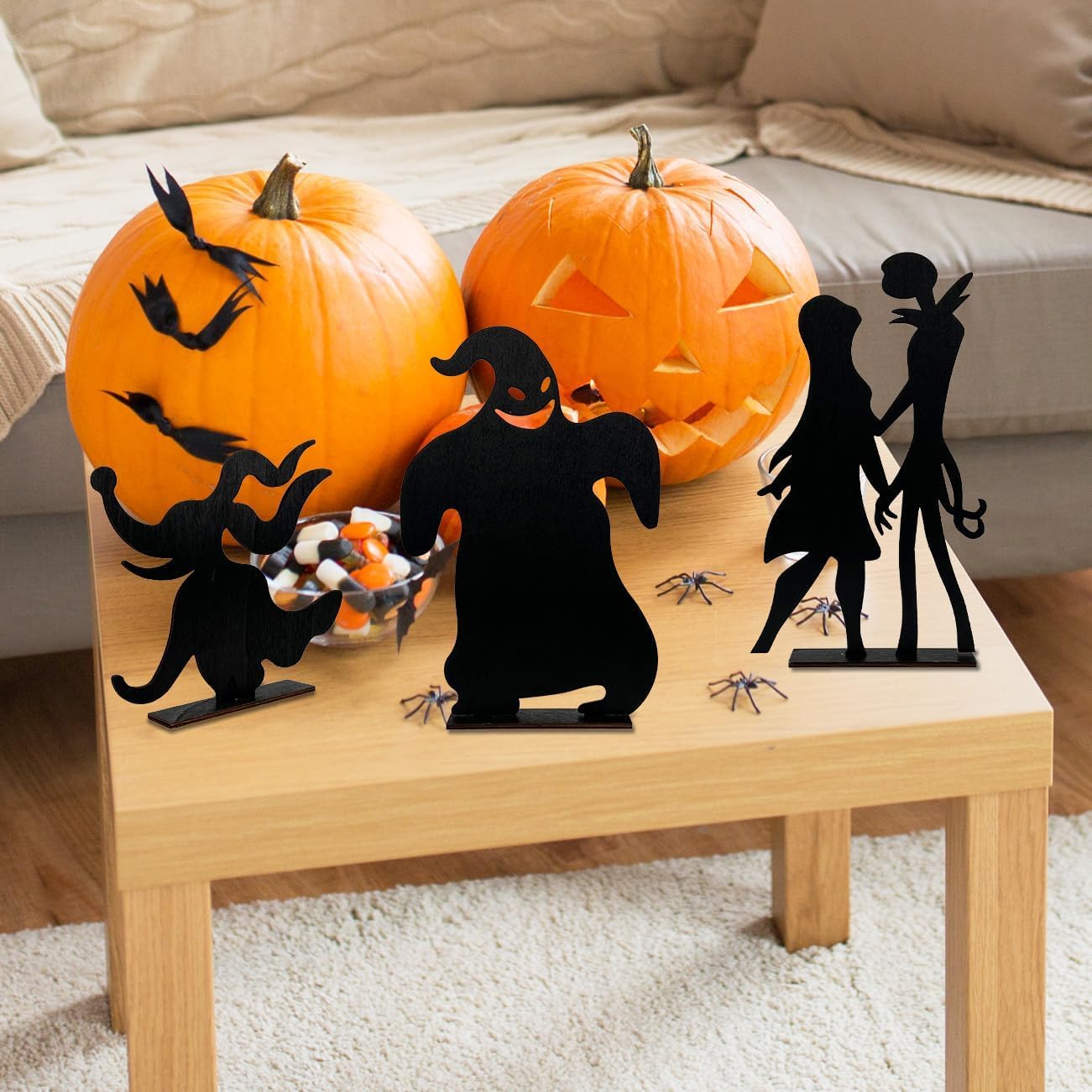 Halloween Night Before Christmas Wooden Table Centerpieces, Jack and Sally Black Table Top for Home Party Decorations, Jack Skellington Table Toppers Wooden Signs for Halloween Party Supplies