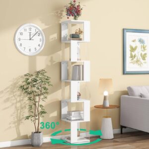 FRITHJILL 360° Rotating Bookshelf, 6-Tier Modern Display Shelf with Acrylic Plates, White Corner Storage Rack for Home Office - Space-Saving Organizer for Books, Plants, Decor