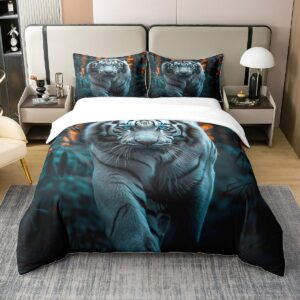 manfei white tiger 100% cotton duvet cover(no comforter),mystic african wild animal bedding set with 2 pillowcases,jungle botanical trees leaves rustic quilt cover,king size