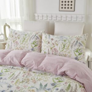 100% Cotton Pink Floral Duvet Cover Full Set -Green Leaf Floral Duvet Cover Sets,Soft & Breathable with Zipper Closure & Corner Ties,3pcs Garden Style Bedding Set- Spring Purple Red Rose Flower