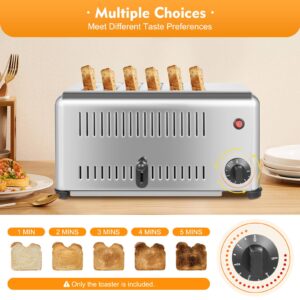 6 Slice Toaster with 5 Bread Shade Settings, Commercial Bread Baking Machine 1.1in Wide Slot, 1680W, 201 Stainless Steel, for Various Bread Types