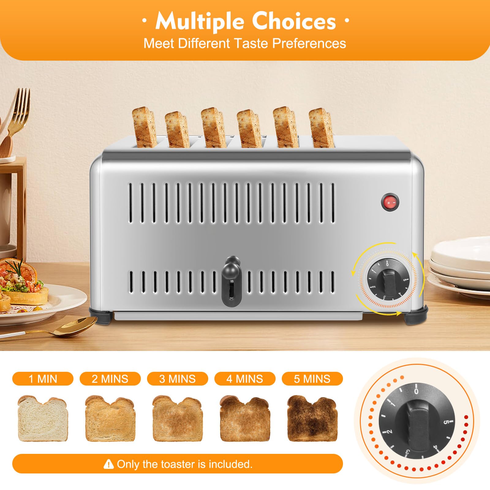 6 Slice Toaster with 5 Bread Shade Settings, Commercial Bread Baking Machine 1.1in Wide Slot, 1680W, 201 Stainless Steel, for Various Bread Types