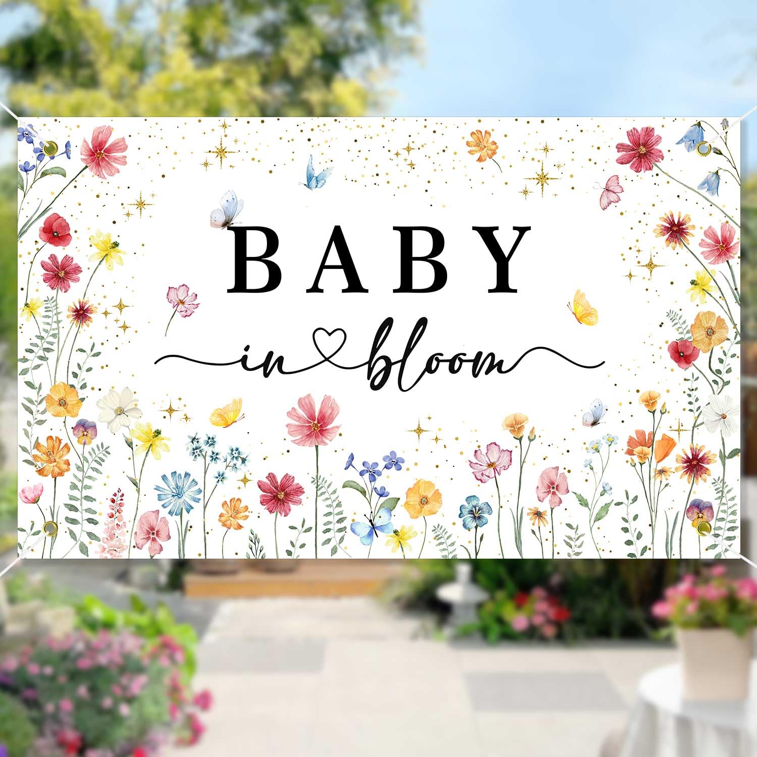 Baby in Bloom Backdrop Banner Baby Shower Decorations for Girls, Large Size 3 x 5Ft Wildflower Baby in Bloom Backdrop Banner Party Supplies