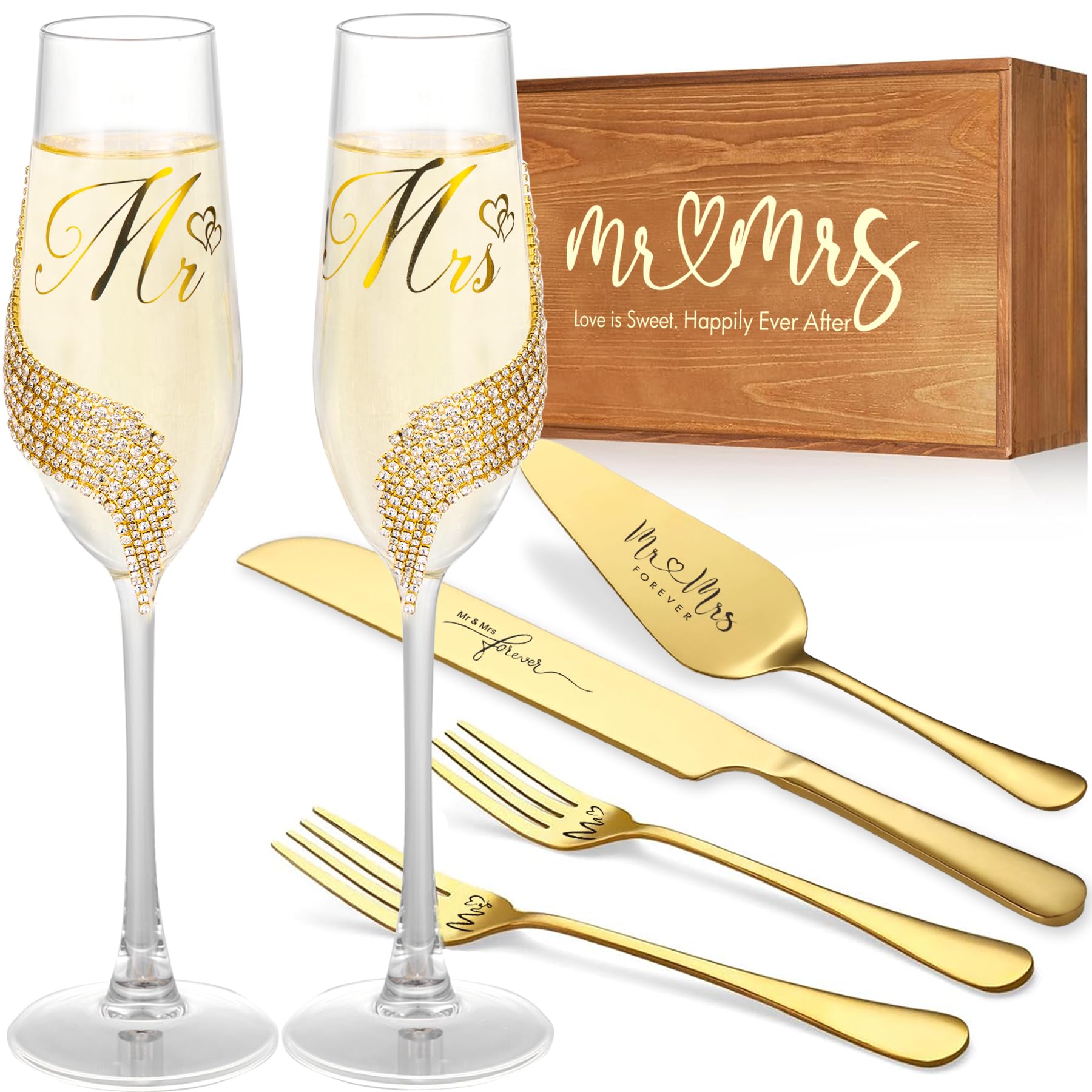 VARLKA Wedding Cake Knife and Server Set, Gold Mr and Mrs Champagne Flutes and Cake Cutting Set for Wedding Bridal Shower Gifts (Gold)