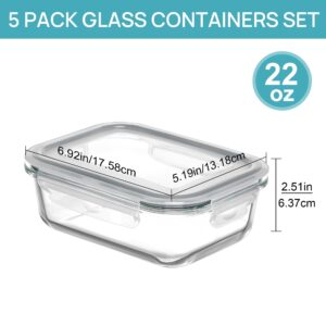 Vtopmart 5Pack 22oz Glass Storage Containers with Lids, Meal Prep Food Containers Sets, Glass Lunch Containers Bento Box with Snap Airtight Lids for Microwave, Oven, Freezer and Dishwasher