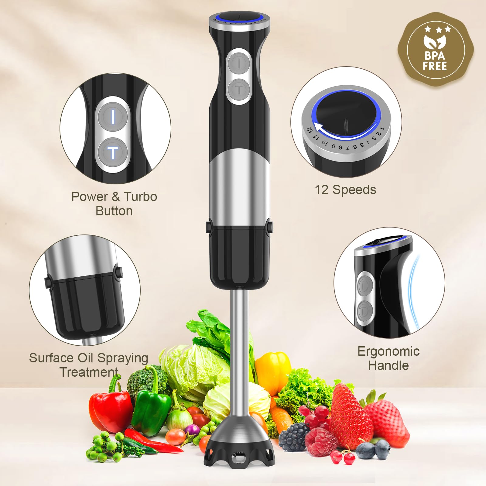 Immersion Blender 5 in 1 Handheld Blender - 1100W Scratch Resistant Blender Stick, 12 Speed and Turbo Boost Hand Blender with Chopper,Beaker,Whisk and Milk Frother for Milkshake Puree Smoothie Food