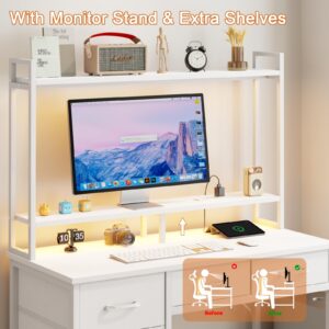 Korfile Computer Desk with Hutch, White Gaming Desk with Power Outlets & LED Light & 5 Fabric Drawers, Home Office Desk with 2 Tiers Storage Shelves for Display, 39" Small Table for Bedroom