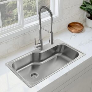 Design House Kitchen Sink and Faucet Set - Single Bowl Stainless Steel Sink, Drain Strainer, and Satin Nickel Pull Down Faucet with Dual Function Spray