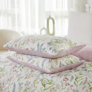 100% Cotton Pink Floral Duvet Cover Full Set -Green Leaf Floral Duvet Cover Sets,Soft & Breathable with Zipper Closure & Corner Ties,3pcs Garden Style Bedding Set- Spring Purple Red Rose Flower